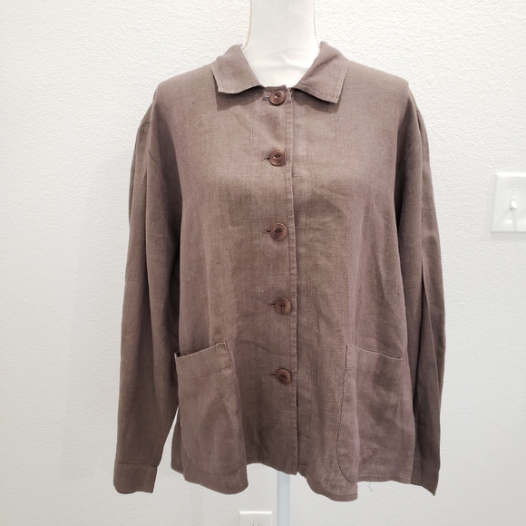 FLAX Brown Button Down Lightweight Linen Jacket Size Medium - Picture 8 of 8